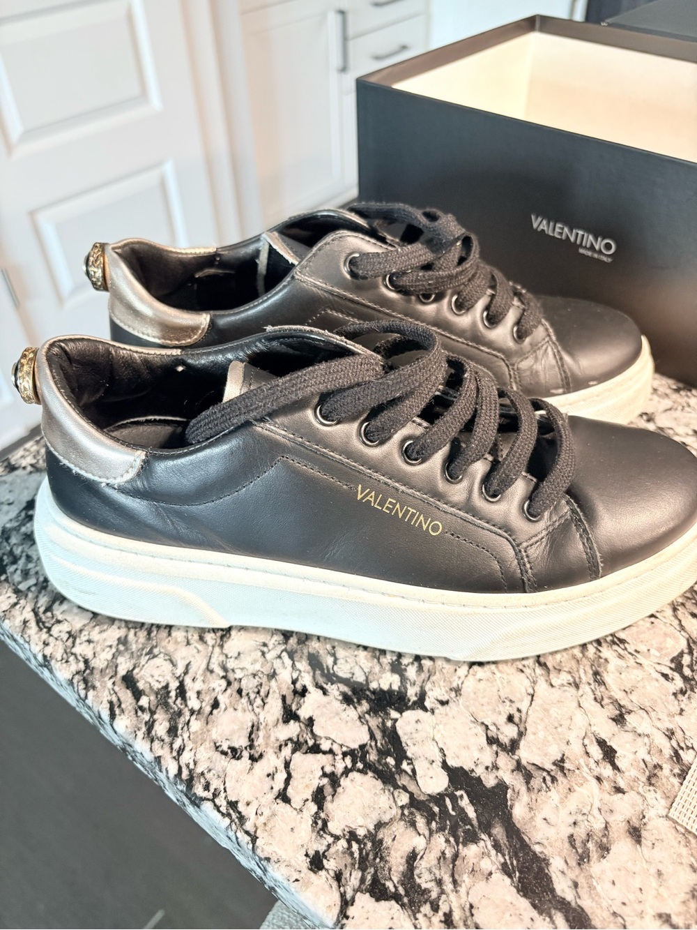 Valentino Black Leather Sneakers with Silver Heel Accent